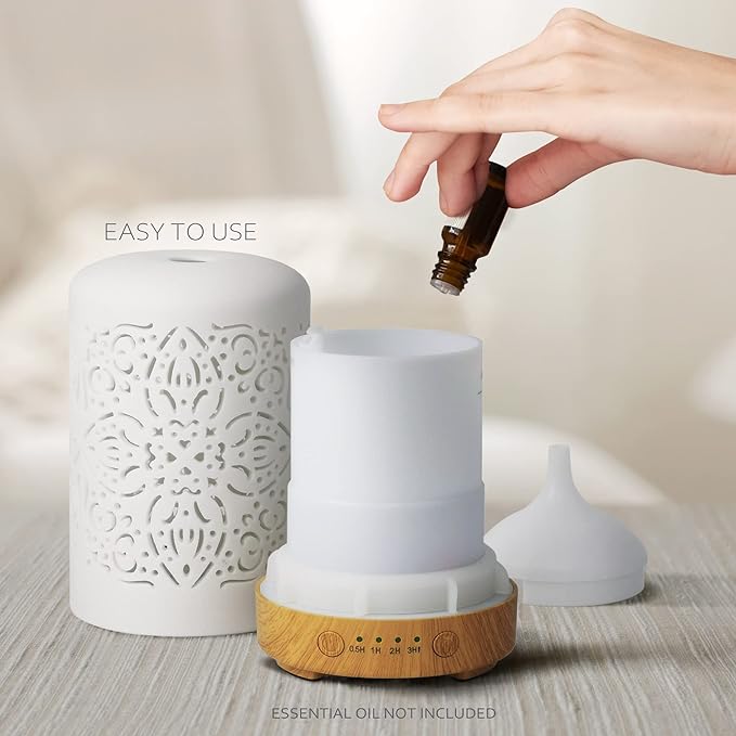 Earnest Living Essential Oil Diffuser Gift Set White Ceramic Diffuser 100 ml & Essential Oil Set Timers Night Lights Auto Off for Women