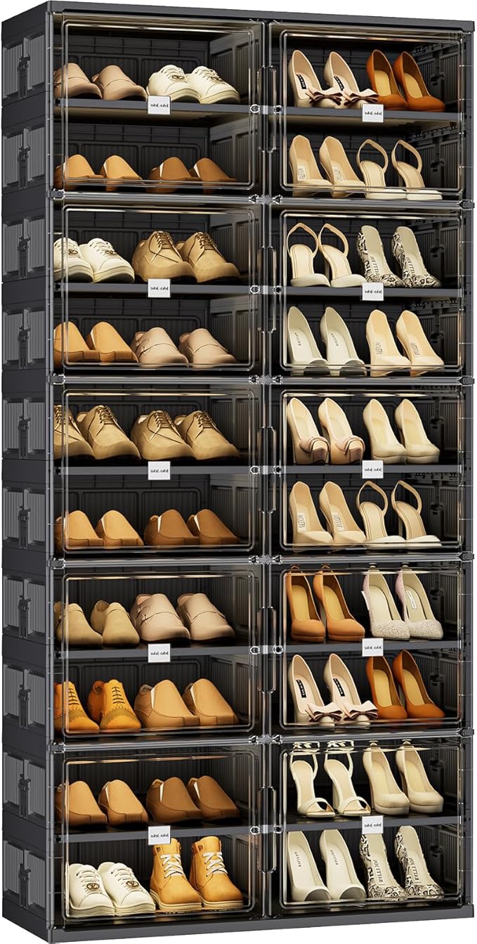 JEKO&JEKO 10-Tier Foldable Shoe Storage Cabinet with Magnetic Doors, Large Stackable Shoe Organizer Cabinet for Entryway, Clear Front Door Shoe Boxes Hold Up to 40 Pairs (Black)
