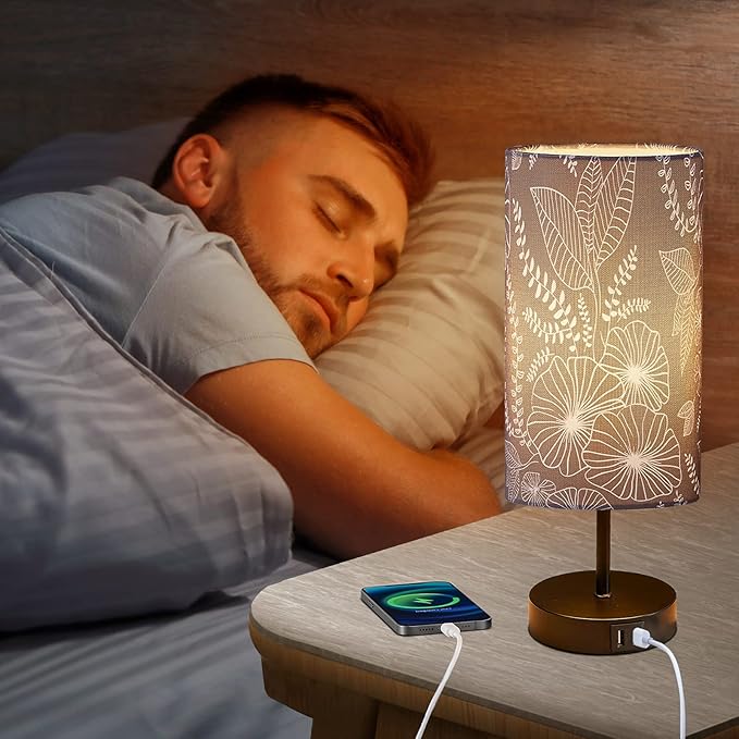 Bedside Table Lamp with 2 USB Ports, Modern Touch Control Desk Lamp with Round Flower Flaxen Fabric Shade, 3 Way Dimmable Small Nightstand Lamp for Bedrooms Living Room Dorm Gray Decor(Bulb Included)