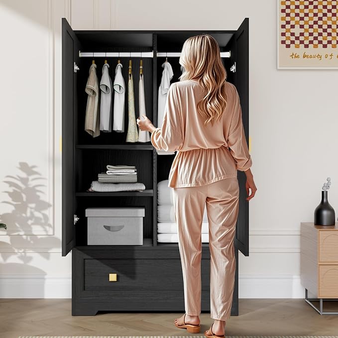 VINGLI Armoire Wardrobe Closet with Doors, 38" W Armoire Wardrobe Cabinet with Drawers and Hanging Rod, Black Wood Bedroom Armoires, 21" D x 38" W x 65" H