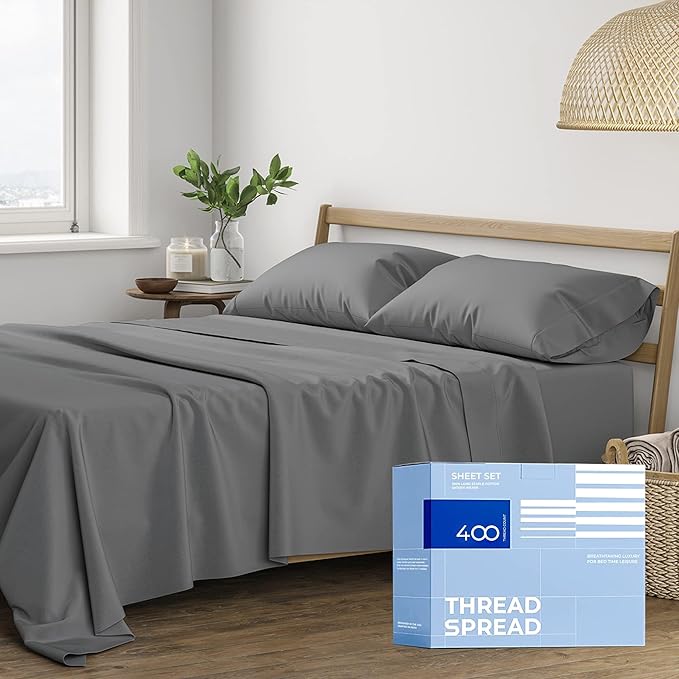 THREAD SPREAD 400 Thread Count King Cotton Sheets - 4 PC King Size Bed Sheet Set Cotton (Dark Grey), Soft, Cooling, Hotel-Quality 16" Deep Pocket Sateen Bedsheet for Hot Sleepers (Fits 18" Mattress)