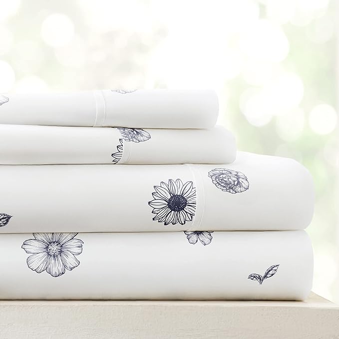 Linen Market Patterned Microfiber Full Sheet Set 4 Piece – Oeko-TEX Certified Ultra Soft & Wrinkle-Free - 16" Deep Pocket Sheets - Easy Care Full Size - Indigo Flowers Navy