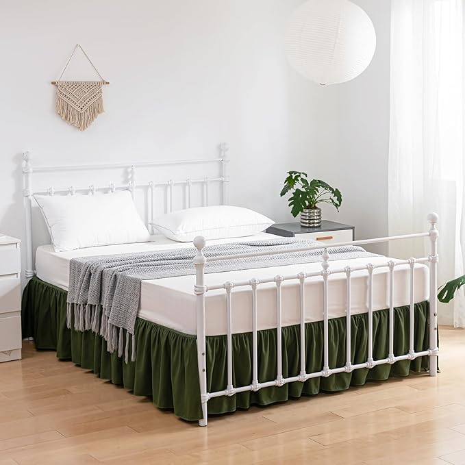 Bed Skirt Queen Size Ruffled Bed Skirt with Split Corners, 16 Inch Drop Dust Ruffle Bed Skirt with Platform, Green, Queen - 16" Drop