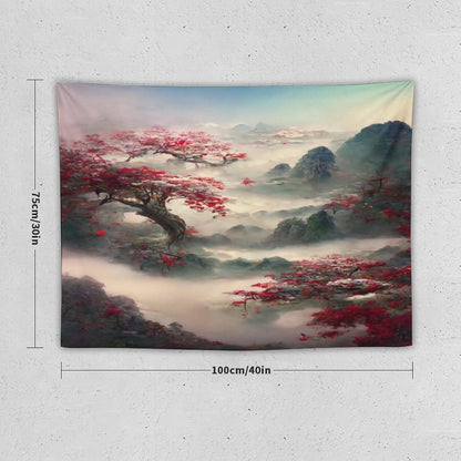 Houselerax Japanese Tapestry, Red Plum Cherry Blossom Mountain Tapestries, Asian Japanese Wall Decor, Nature Landscape Tapestries for Bedroom Living Room Decor 40"x30"