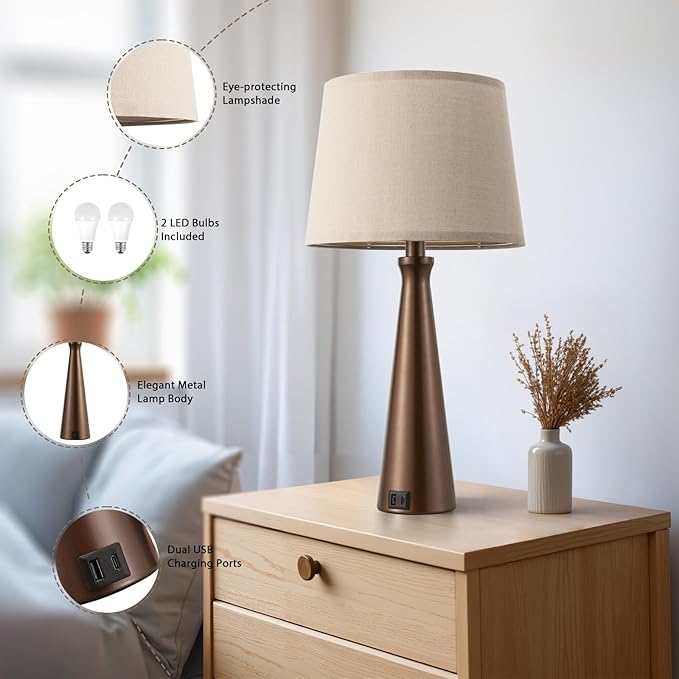 Seealle Modern Table Lamps Set of 2 - Touch Bedside Lamp for Nightstand with Dual USB C+A,3-Way Dimmable Brown Nightstand Lamps for Living Room Bedroom End Table with Oat Shade(Bulb Included)