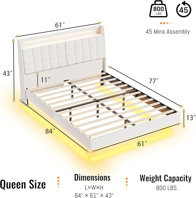 Queen Size Floating Bed Frame with LED Lights & USB Charging Ports, Upholstered Platform Bed with Storage Headboard & Hidden Shelves, Modern Floating Design for Bedroom or Guest Room, Beige