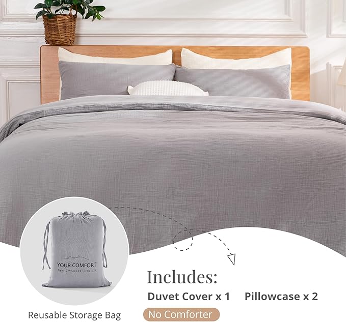 Gray Duvet Cover Queen Size, 100% Sandwashed Cotton Soft Queen Duvet Cover Set 3 Pieces with Zipper Clousre & Corner Buttons (Gray, Queen 90 x 90)