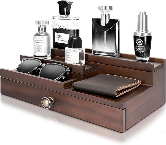 EOSAHR Farmhouse Cologne Organizer for Men - 3 Tier Perfume Organizer with Hidden Compartment and Storage Drawer - Great Gift for Boyfriend or Dad (Retro Brown)