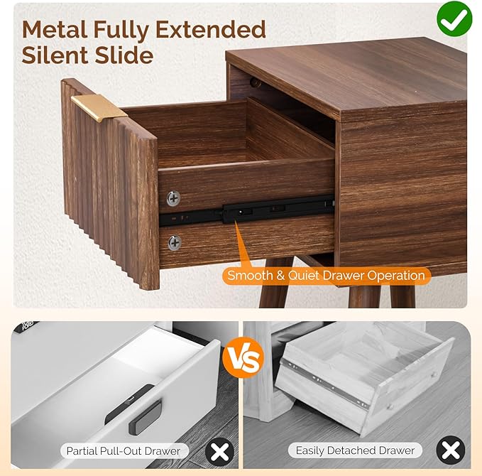 VINGLI Night Stand, Fluted Nightstand Wood, Mid Century Modern Nightstand for Bedroom, Bedside Table, Wood Side Table, Small Night Stand Walnut, 15.75" W*11.81" D*21.85" H