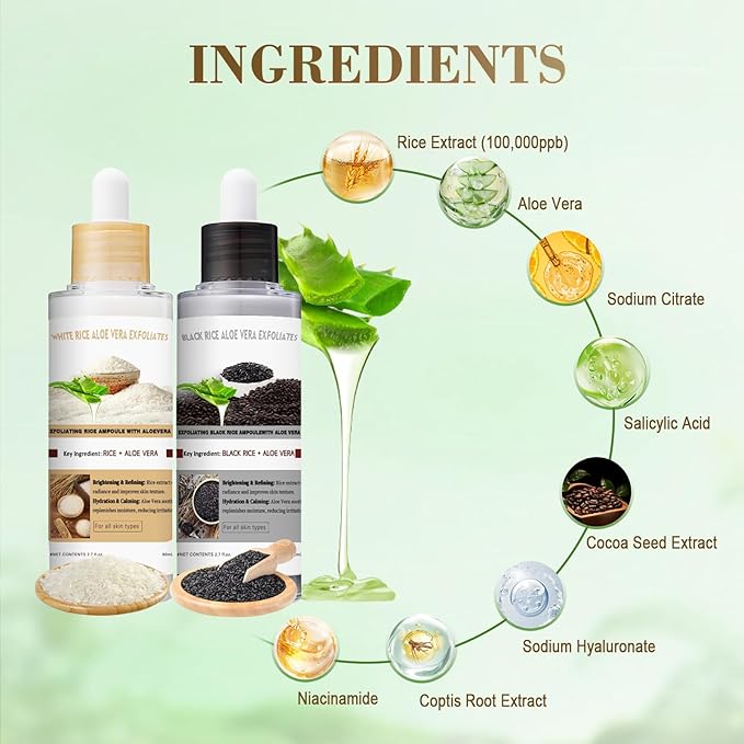Aloe Vera Glow Black and White Rice Ampoule Duo, White & Black Rice Exfoliant Face and Body Scrub with Aloe Vera & Rice Extract，Moderate Exfoliating Facial Gel for All Skin Types