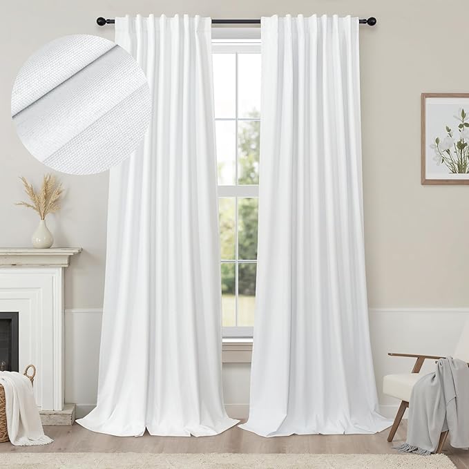Sliding Glass Door Curtains 98 Inches Long 100% Blackout White Curtains for Bedroom Nursery Living Room Darkening Insulated Thermal Curtains for Summer Heat Lightweight Luxury Drape Playroom Classroom