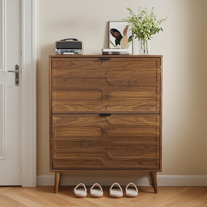 Vibe & Dine Modern Shoe Cabinet with 2 Flip Drawers, Shoe Storage Organizer for Entryway Slim, Freestanding Wood Shoe Rack Cabinet for Hallway, Bedroom, Living Room, Walnut