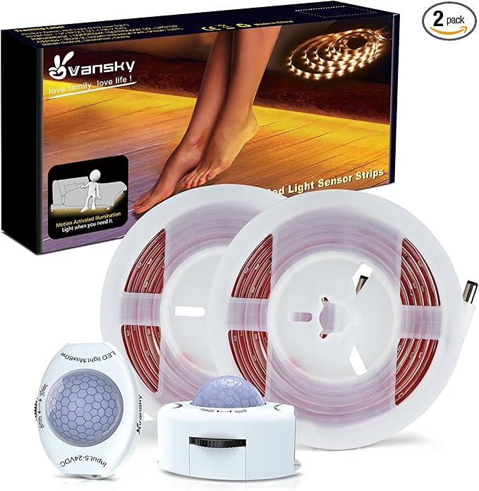 Vansky Motion Activated Bed Light, Flexible LED Strip Motion Sensor Night Light Bedside Lamp Illumination with Automatic Shut Off Timer (Warm Soft Glow)-Dual Light Strips Kit