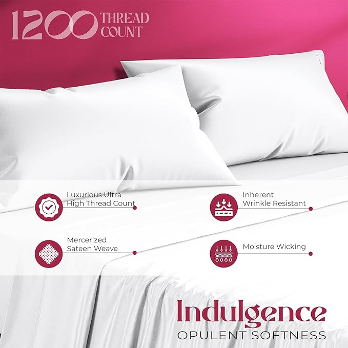Mayfair Linen 100% Egyptian Cotton Queen Sheet Set - Luxury 1200 High Thread Count Egyptian Cotton Sheets Queen Size (4 PC, White), Silky Soft, Cooling, 17" Deep Pocket Sateen Weave Hotel Bedding