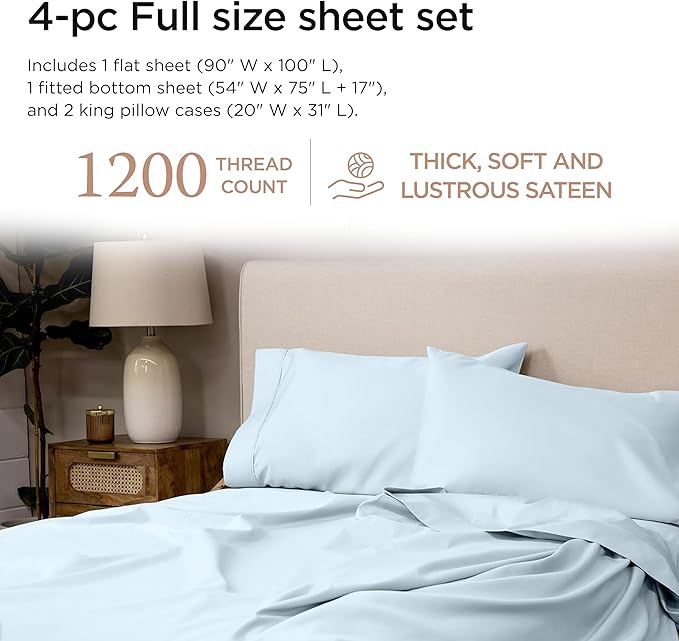 Threadmill Luxury Full Size Sheets for Full Size Mattress, 1200 Thread Count Supima Cotton Sheets for Full Mattress, 5-Star Hotel Quality 4 Piece Bed Sheets with Extra Deep Pocket, Light Blue