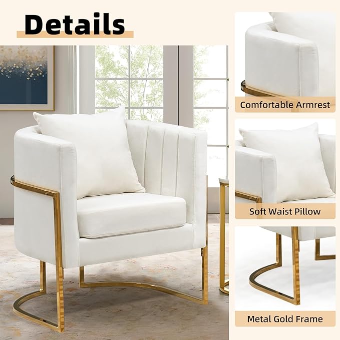 Velvet Modern Accent Chair, Upholstered Barrel Armchair Mid Century with Pillow for Living Room, Comfy Single Vanity Chair with Metal Gold Legs for Bedroom, White