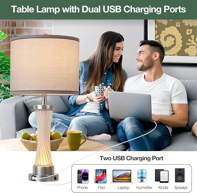 3-Way Dimmable Table Lamp Set of 2,Touch Control Lamp with Night Light,Modern Crystal Table Lamps for Bedroom,Living Room，Bedside Lamps with USB A+C Ports，Fabric Lampshade(Blubs Included)