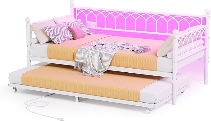 GarveeHome Daybed with Trundle, Metal Twin Trundle Bed with Charging Station & LED Lights, Sofa Beds Frame with Pull Out Bed for Living Room, Guest Room, Apartment, Small Spaces, White
