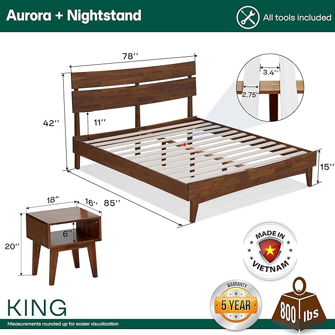 Acacia Aurora King Solid Wood Bed Frame with Headboard – Gift Matching Nightstand Included, Mid-Century Modern Farmhouse, Walnut Finish, 800 lbs Capacity, Sturdy, No Box Spring, Easy Assembly
