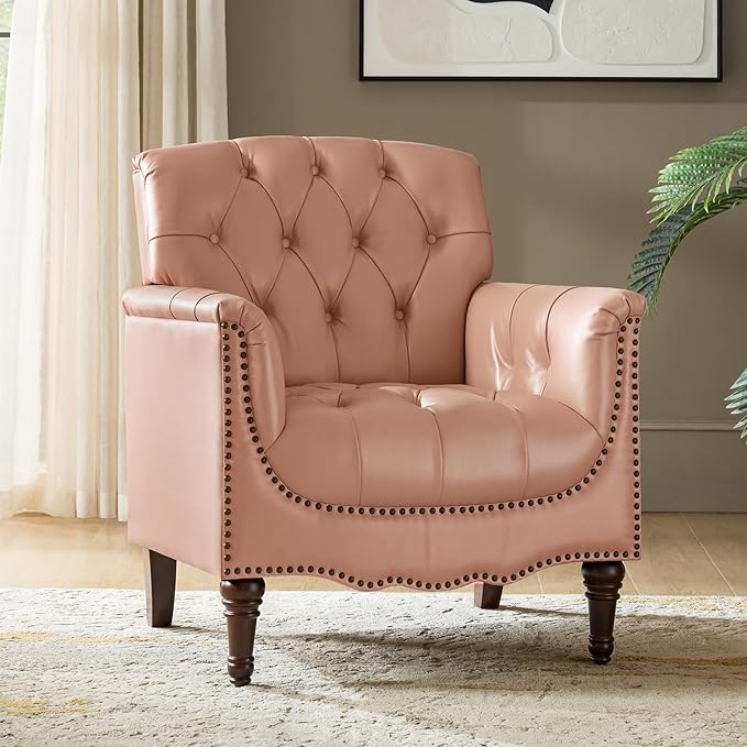 HULALA HOME Mid Century Modern Leather Club Chairs, Top-Grain Genuine Leather Armchairs with Button-Tufted Back & Solid Wood Legs, Accent Chairs for Living Room/Bedroom/Home Office, Pink