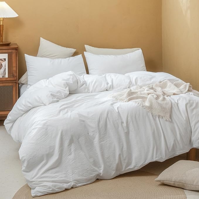 FOSSA Duvet Cover Set 100% Washed Cotton Linen Feel Super Soft Breathable Cozy 3 Pieces Bedding Sets Solid Bright White King
