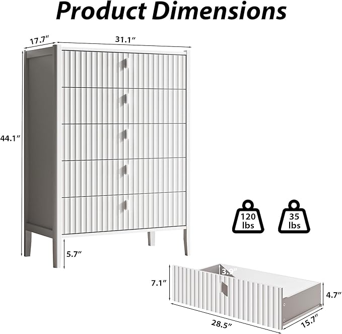5 Drawer Dresser, Modern Chest of Drawers for Bedroom, Wood Fluted Dresser Organizer with Deep Drawers for Clothes, Nightstand for Bedroom, Hallway, Living Room, Entryway, White