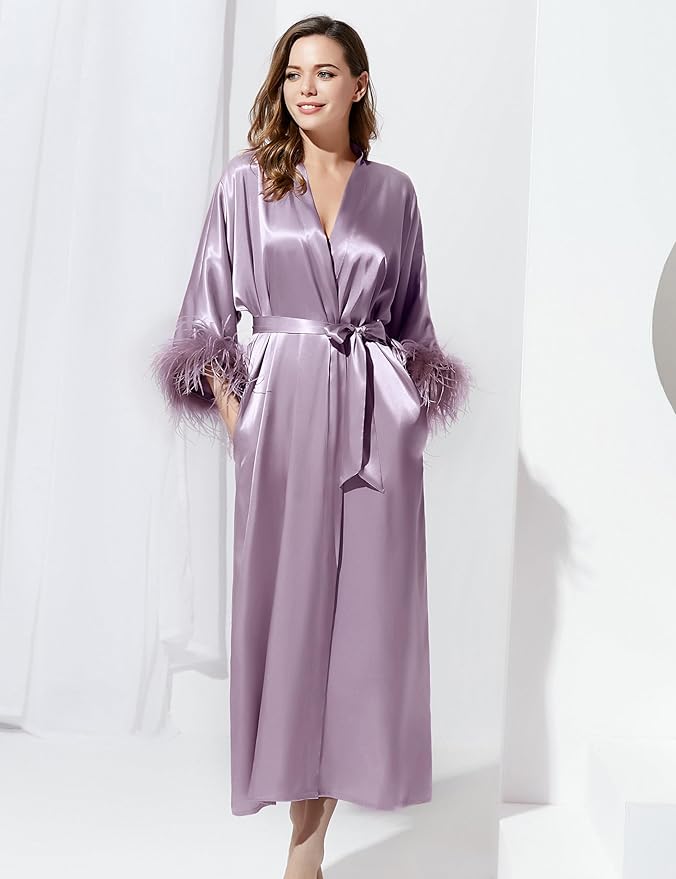 PRODESIGN Satin Kimono Robe Long Silky Bathrobe with Ostrich Feather Trim Sleepwear Wedding Bridesmaid Dressing Gown