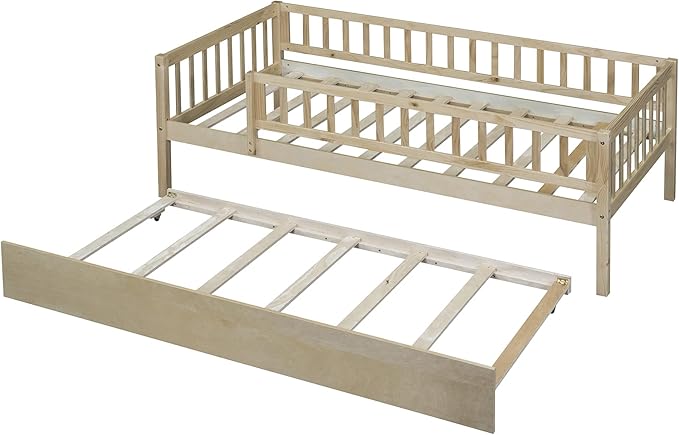 Bellemave Twin Bed Frames with Rails for Kids, Twin daybed Frame with Trundle for Boys/Girls/Adults， Natural