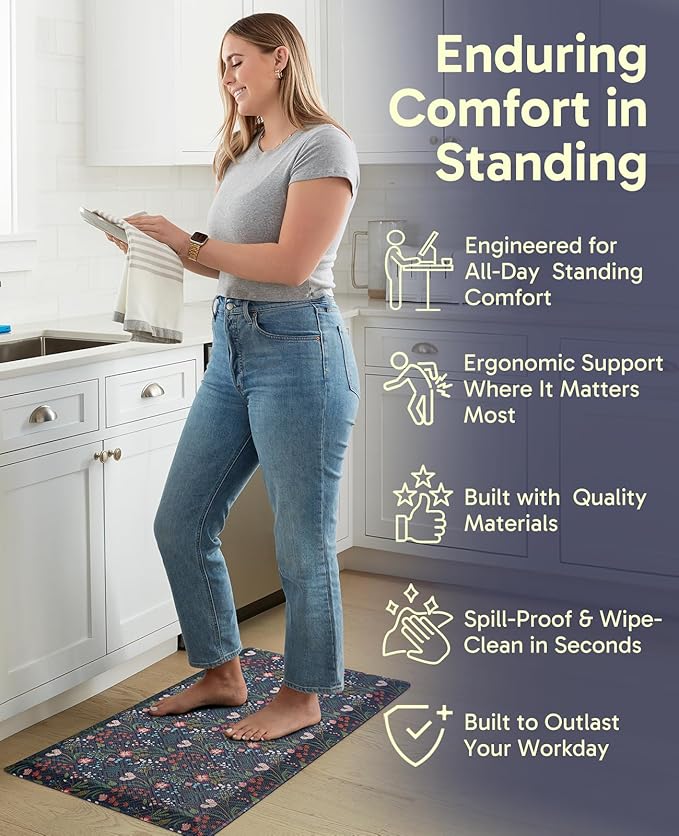 Ophanie Kitchen Mats for Floor, 3/4 inch Thick, 20x48 Anti Fatigue Cushioned Mat, Kitchen Rugs, Waterproof, Comfort Ergonomic Standing Mat for Office, Home, Sink, Blue Flower Non-Slip Ridged Bottom