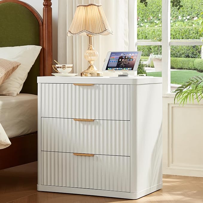 LEYAOYAO Fluted Dresser and Nightstand Sets, Wood 48" Wide Dresser & 23" Night Stand with Charging Station, 2 Piece Bedroom Furniture Set, Chest of Drawers for Bedroom,Living Room, Antique White