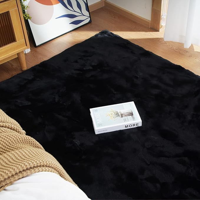 Latepis Black Area Rugs 8x10 Living Room Faux Rabbit Fur Rug Soft Washable Fluffy Shaggy Rug for Bedroom, Dorm, Playing Room, Nursery Room