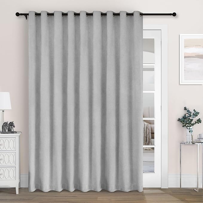 Macochico 100% Blackout Chenille Curtains for Sliding Door Thermal Insulated Noise Reducing Drapery for Living Room Bedroom Hotel, Grommet Curtains with Tieback, Apricot Grey, 120" Wx96 L 1 Panel