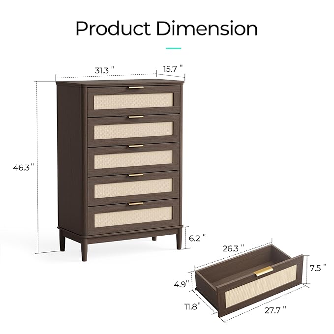 LINSY HOME Rattan Dresser for Bedroom with 5 Drawers, 46" Tall Chest of Drawers, Mid Century Modern Dresser TV Stand with Metal Handle, Wood Closet Storage Cabinet for Living Room, Hallway, Walnut