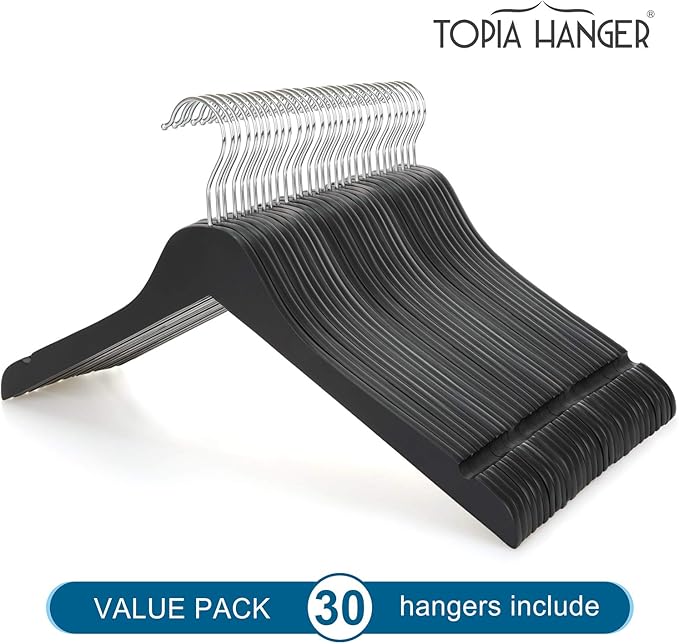 TOPIA HANGER Black Wooden Hangers 30 Pack, 0.28-inch Thick Slim Wood Clothes Hanger with Flat Design and Smooth Notches, Lightweight Space Saving Hangers for Shirt, Coat, Camisole-CT31B
