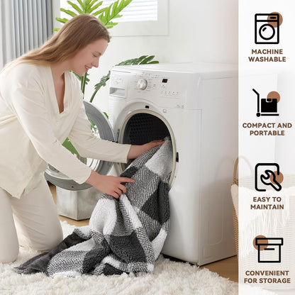 LURKA Checkered Sherpa Fleece Queen-Size Bed Blanket - Extra Thick and Warm Winter Soft Fuzzy Plush Blanket for Couches, Beds & Pets, Smoke Grey, 90x90 Inches