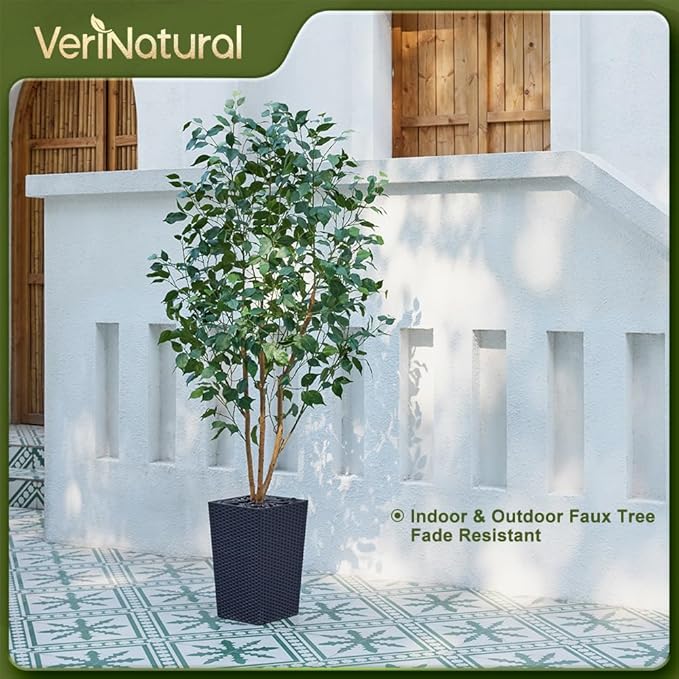 6ft Artificial Ficus Tree,Tall Faux Tree with Silk Leaves & Real Wood Trunk,UV Resistant Potted Fake Plant with Pebbles & Planter-Indoor Outdoor Floor Plant for Home Living Room,VN129