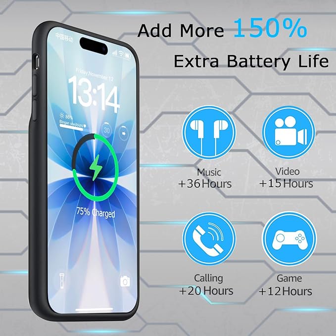 Battery Case for iPhone 17, Upgraded 10000mAh Ultra-Slim Rechargeable Portable Extended Battery Pack Support Qi Wireless Charging Case Compatible with iPhone 17 (6.3 inch) Charger Case Cover(Black)