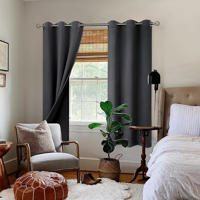 BGment Thermal Insulated 100% Blackout Curtains for Bedroom with Black Liner, Double Layer Full Room Darkening Noise Reducing Grommet Curtain (38 x 63 Inch, Dark Grey, 2 Panels)