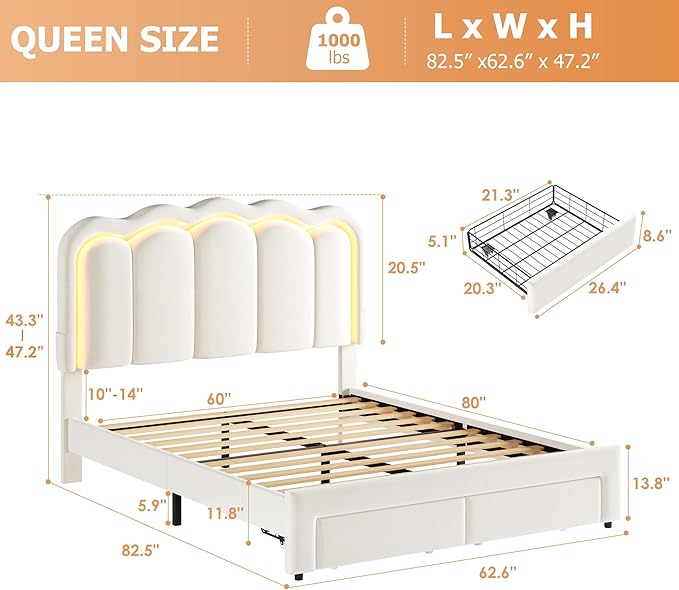 Velvet Upholstered Queen LED Bed Frame with 2 Storage Drawers and Adjustable Chic Double Wavy Headboard, Princess Platform Bed with Charing Station, Solid Wood Slats Support,No Box Spring Needed,Beige