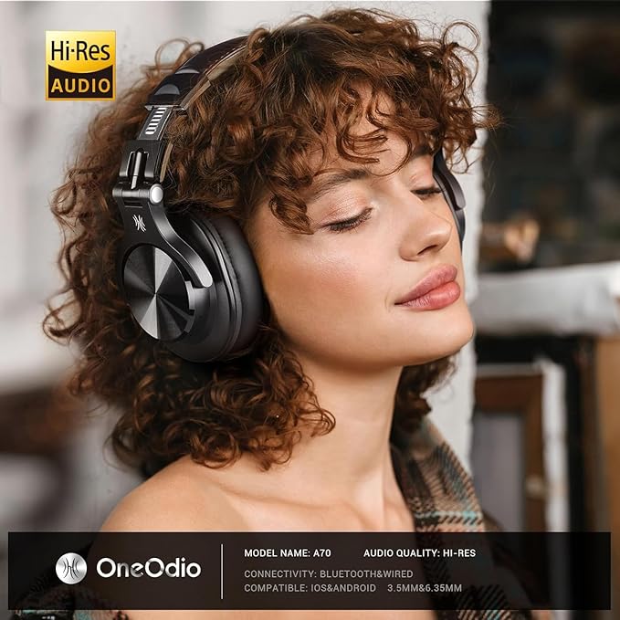 OneOdio A70 Bluetooth Over Ear Headphones, Wireless Headphones with 72H Playtime, Hi-Res, Built-in Mic, 3.5mm/6.35mm Wired Audio Jack for Studio Monitor & Mixing DJ Guitar AMP, Computer Laptop PC