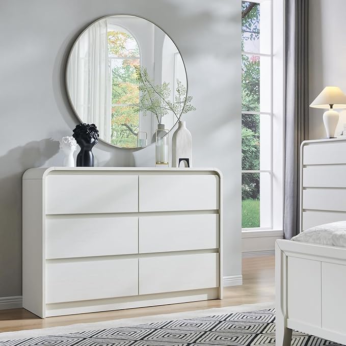 Modern 6 Drawers Dresser for Bedroom, 47" Wide Wood Dressers & Chests of Drawers with Curved Profile Design, Mid Century Modern Dresser for Closet for Bedroom, Living Room, Antique White