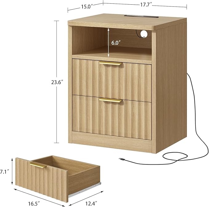 TEENFON Fluted Nightstands Set of 2, Night Stand with Charging Station and LED Light, Storage Drawer and Open Shelf, Modern Bedside Table for Small Space, for Bedroom, Natural