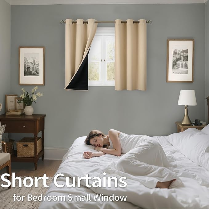 BGment Short Blackout Curtains 40 Inch Length 2 Panels, Thermal Insulated Total Light Blocking Curtains for Bedroom, Grommet Window Drapes with Thick Black Liner, 42 Inch Wide Each Panel, Beige