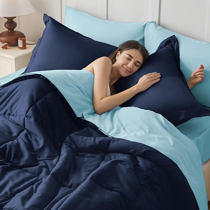 JOLLYVOGUE Twin Comforter Set, Ultra-Soft Bed in a Bag Twin Size 5 Pieces, Oeko-TEX Certified Bedding Set with Down Alternative Comforter, Sheets, Pillowcases & Shams, Navy & Light Blue