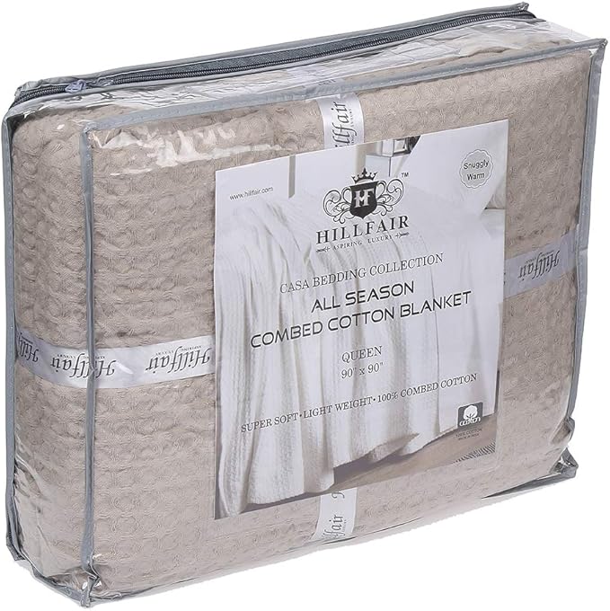 HILLFAIR 100% Combed Cotton Blanket– King Size Bed Blankets– Warm Soft All Season Breathable Lightweight Summer Blankets– Waffle Weave Home Decor Bed Blanket- Khaki King Bed Cotton Blankets/Bedcovers