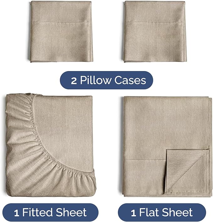 Twin 4 Piece Sheet Set - Cooling & Breathable - Hotel Luxury Bedding, Includes Fitted Sheet for Women, Men, Kids & Teens - 1 Flat, 1 Fitted Sheet, 2 Pillowcases w/Deep Pockets - Heathered Beige