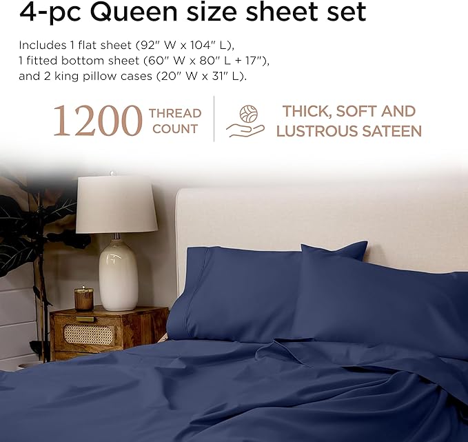 Threadmill Supima Cotton Sheets Queen, 1200 Thread Count Queen Sheet for Queen Mattresses, 4 Piece Luxury Bed Sheets, Sateen Weave Hotel Quality Sheets with Elasticized Deep Pocket, Folkstone Blue