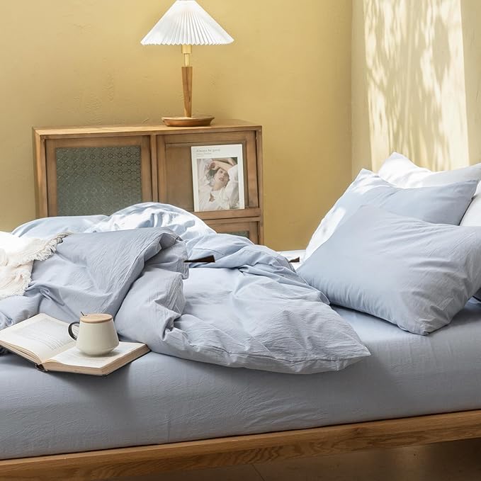 FOSSA Duvet Cover Set 100% Washed Cotton Linen Feel Super Soft Breathable Cozy 3 Pieces Bedding Sets Solid Cornflower Blue Super Queen