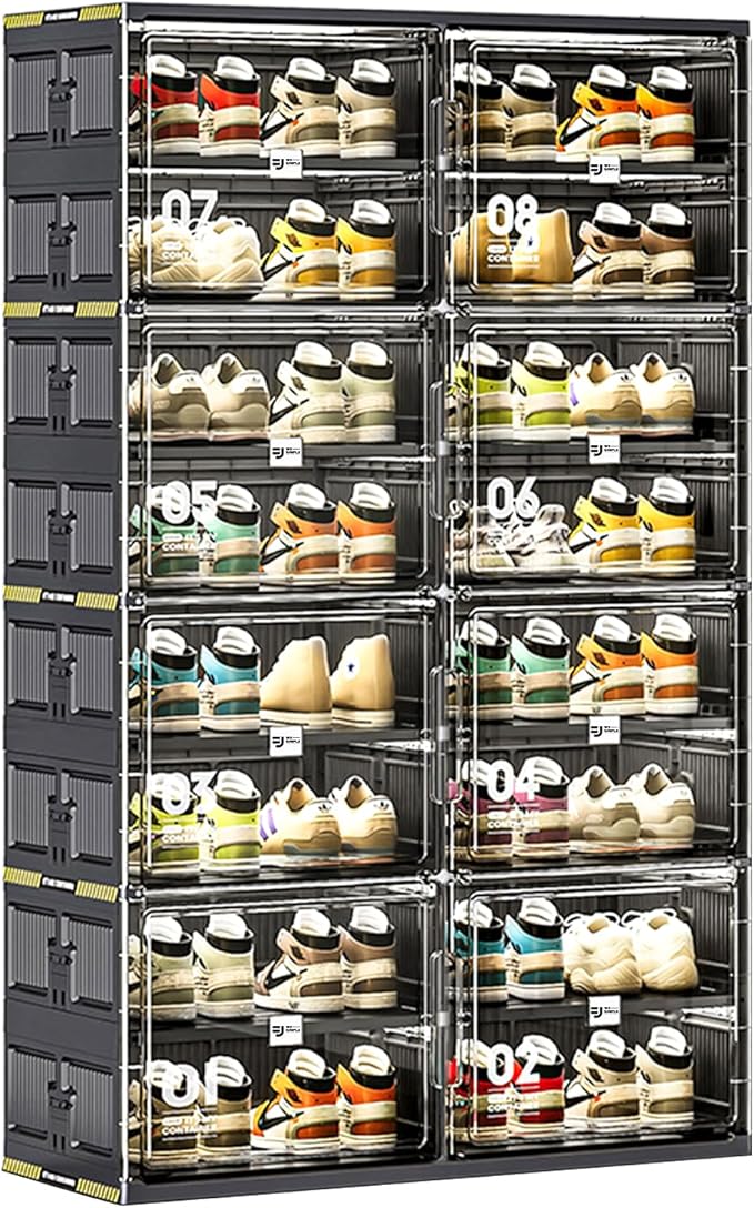 32 Pairs Portable Shoe Storage Cabinent of 3-Step Fast Installation,Plastic Shoe Box with Magnetic Clear Door for Entryway, Enclosed Shoe Rack for Sneaker, Heels etc.. (2Row, 8Tier)