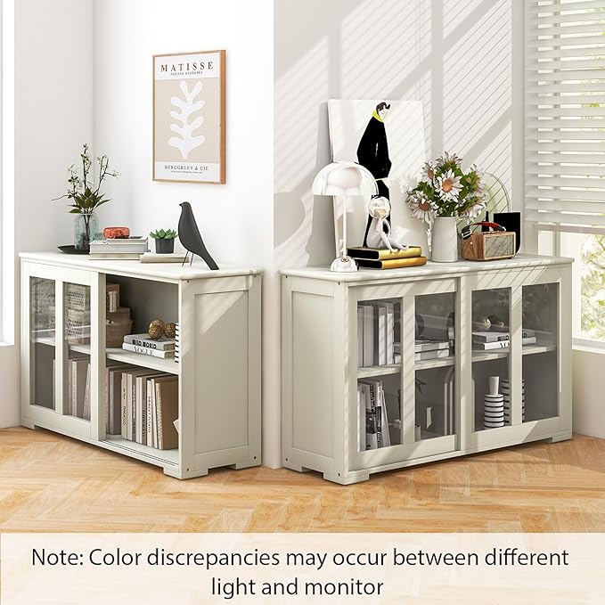 Costzon Sideboard Buffet Cabinet of 2, Wooden Kitchen Storage Cabinet with Adjustable Shelf, Sliding Glass Doors, Accent Coffee Bar Cabinet Console Table for Living Room, Dining Room, Hallway